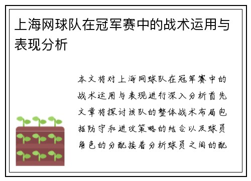 上海网球队在冠军赛中的战术运用与表现分析
