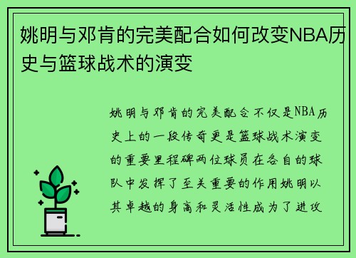 姚明与邓肯的完美配合如何改变NBA历史与篮球战术的演变