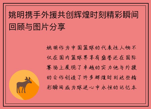 姚明携手外援共创辉煌时刻精彩瞬间回顾与图片分享