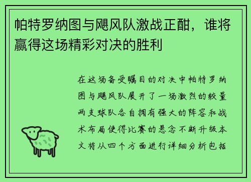 帕特罗纳图与飓风队激战正酣，谁将赢得这场精彩对决的胜利